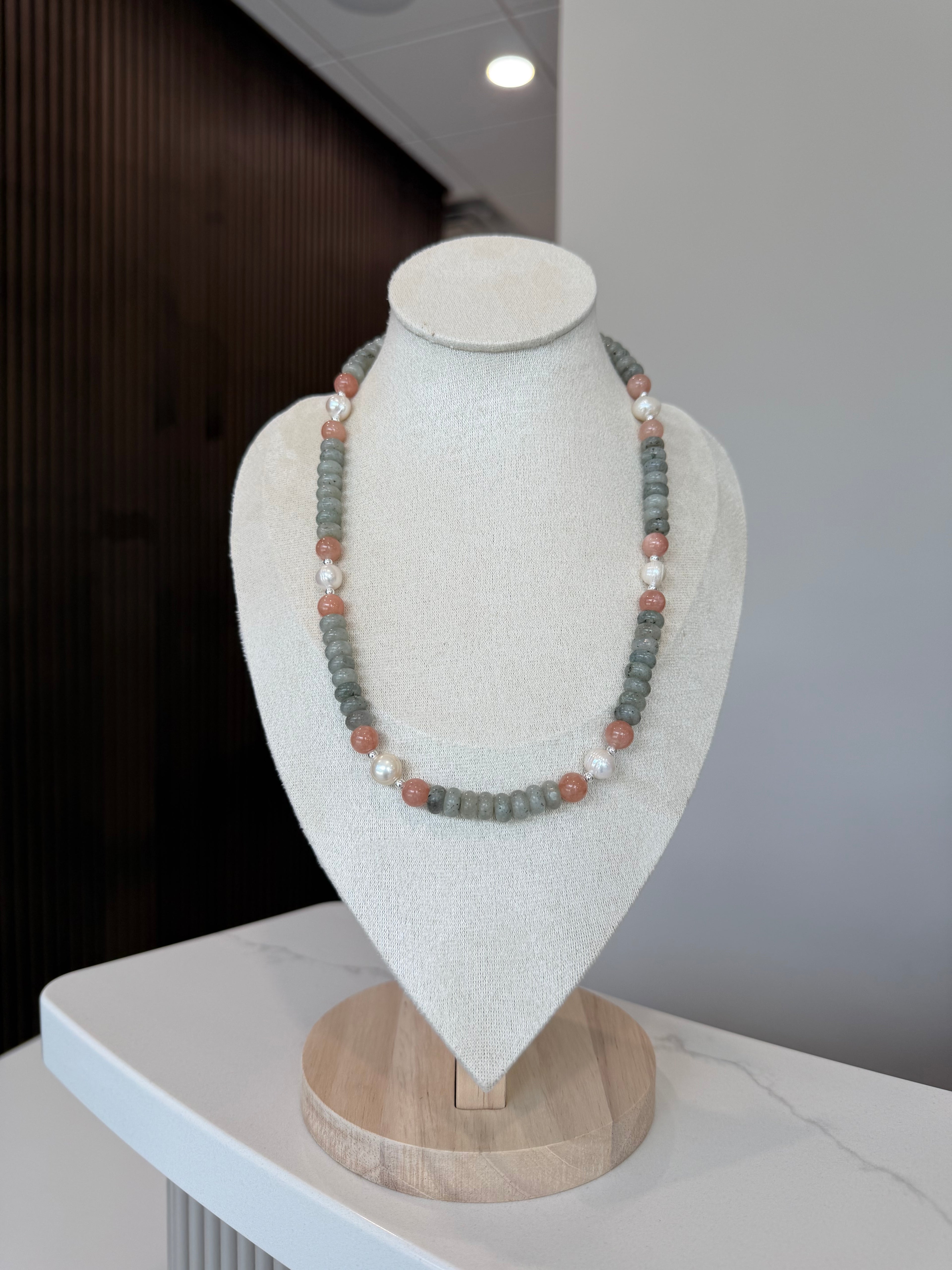 .925 Silver | Labradorite | Petrified Wood | Freshwater Pearl Necklace