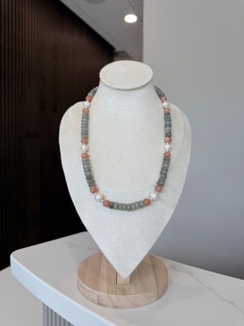 .925 Silver | Labradorite | Petrified Wood | Freshwater Pearl Necklace