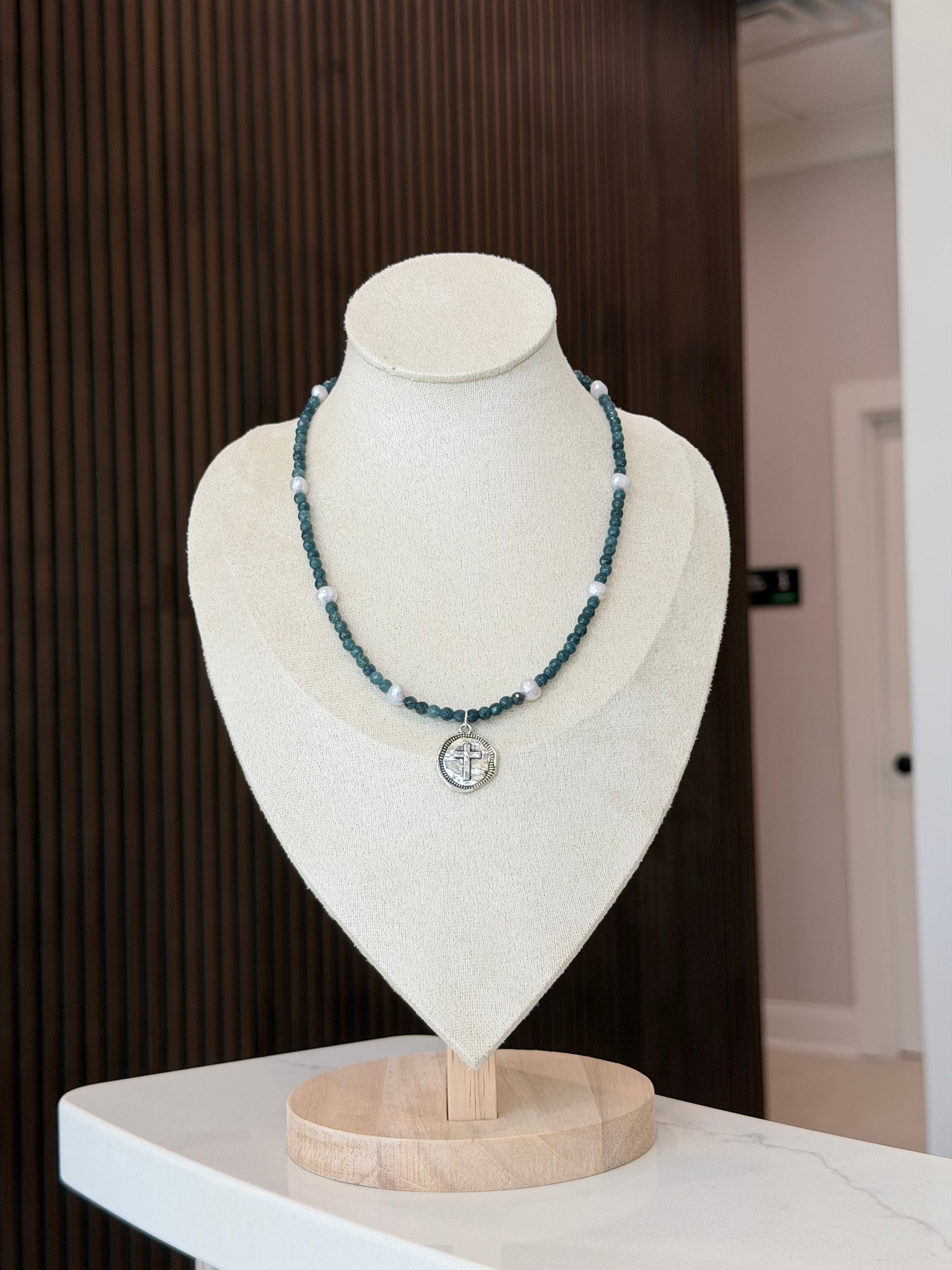 Gemstone with Freshwater Pearl Necklace Adjustable 17-21” .925 Silver Fittings with Metal Cross Pendant