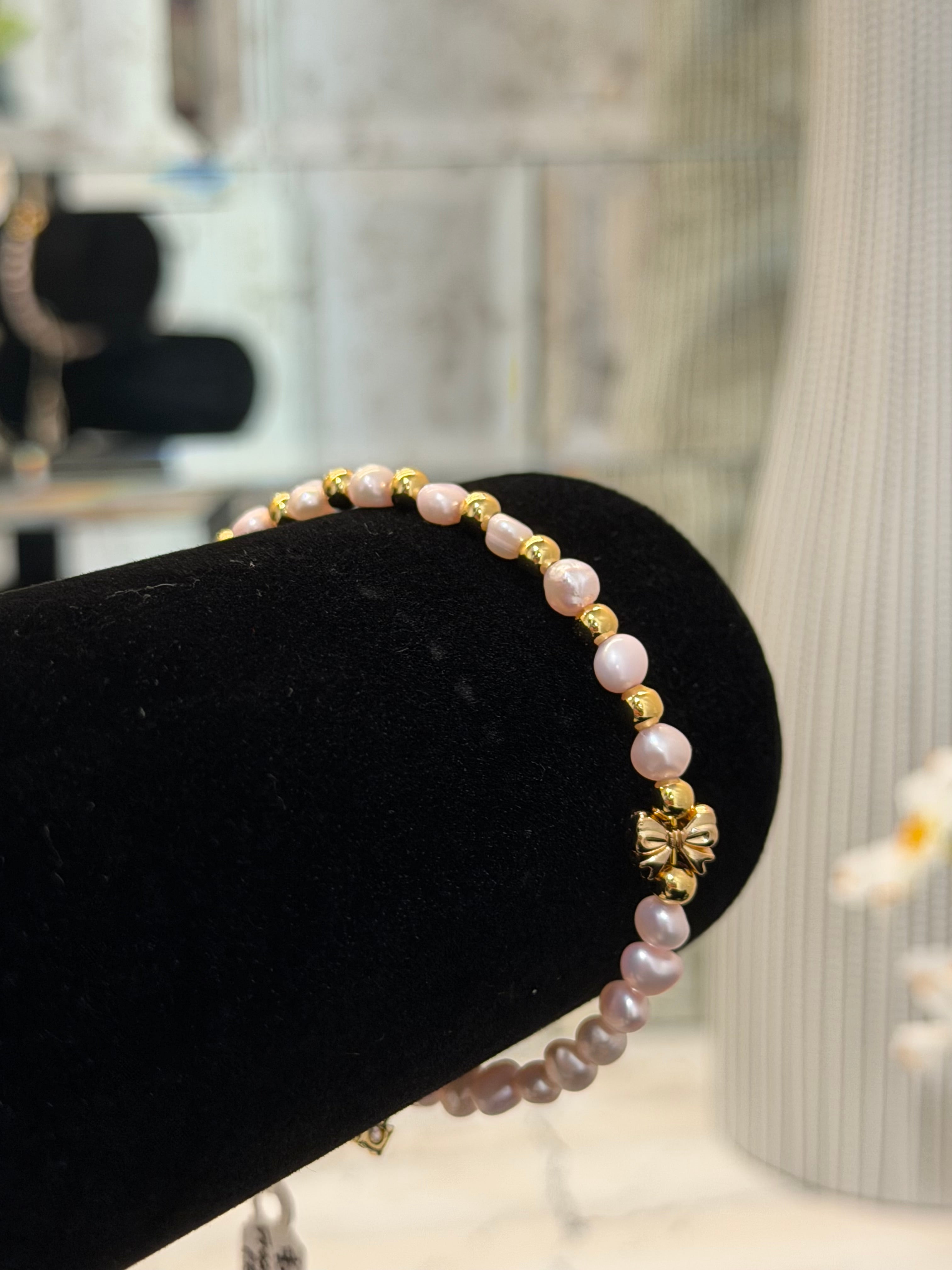 Memory Wire Pink Pearl Bracelet With CZ Charm
